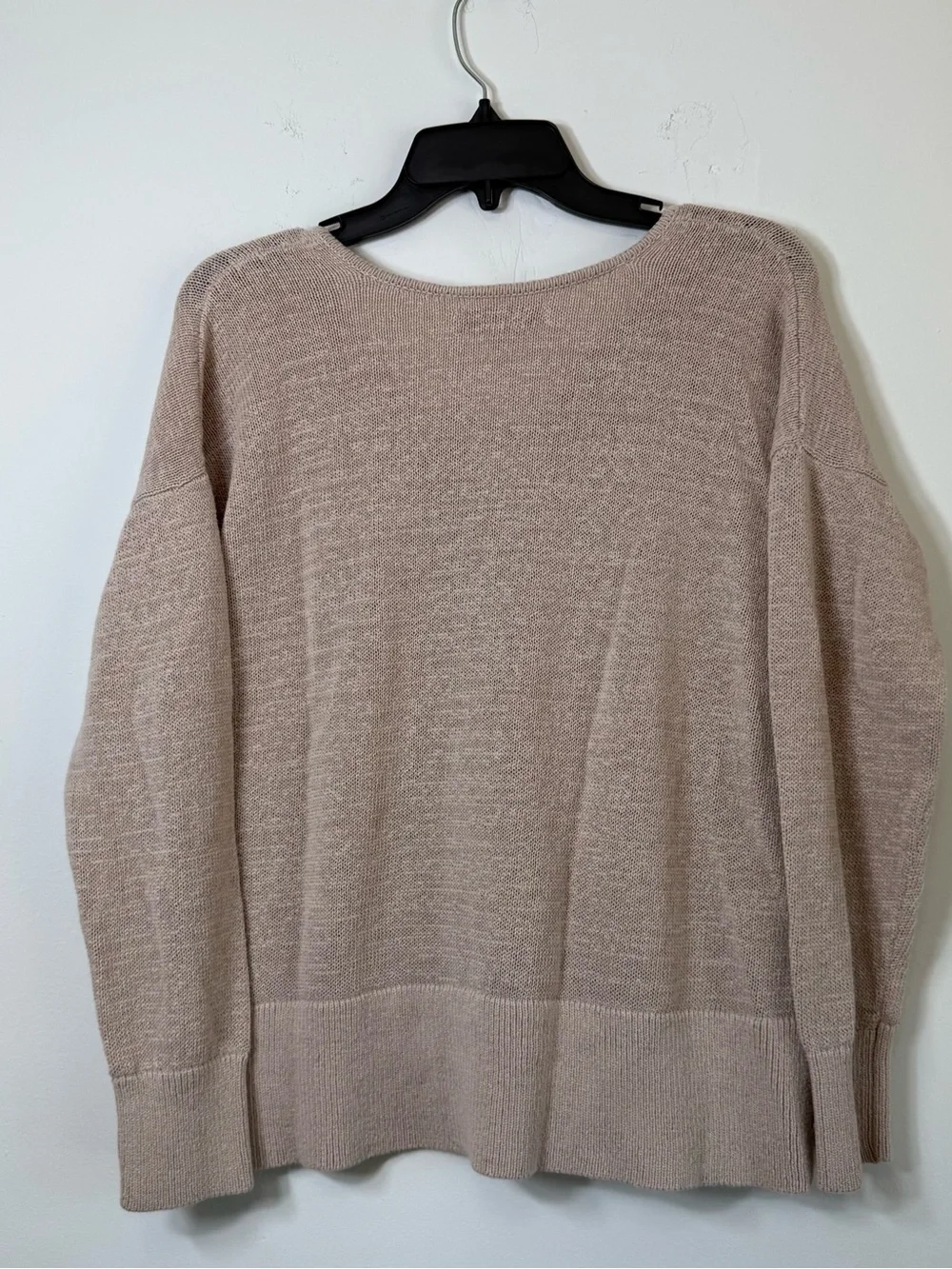 LOFT Tan Neutral Lace Up V-Neck Knit Sweater Large Ramie Cotton Blend Coastal